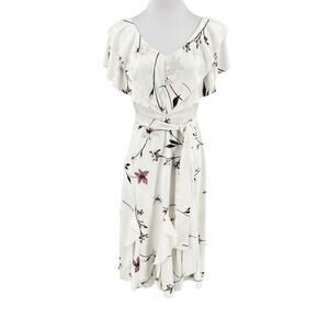 Elizabeth Crosby Ana Floral Print Flutter Sleeve V Neck Dress Belted Size XS
